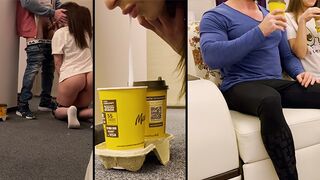 A delivery guy came to the house and was asked to drink coffee with a cum ending
