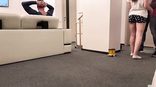 A delivery guy came to the house and was asked to drink coffee with a cum ending