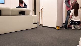 A delivery guy came to the house and was asked to drink coffee with a cum ending