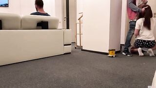 A delivery guy came to the house and was asked to drink coffee with a cum ending