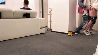 A delivery guy came to the house and was asked to drink coffee with a cum ending
