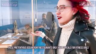 Breakfast with sausage and egg for a Russian girl in public space