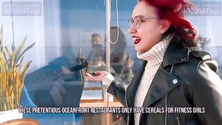 Breakfast with sausage and egg for a Russian girl in public space