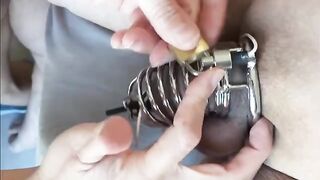 Femdom milking with chastity e-stim and vibrator for a huge load