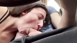 Couple engages in oral sex while driving around on a road trip