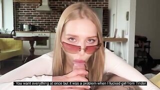 A pretty woman wearing glasses has sex with her boyfriend