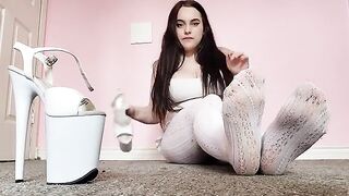 Dirty white tights and pleaser foot worship with a sexy brunette babe