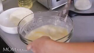 Hot stepmom Florane Russell and petite teen Jenny Wild in the kitchen