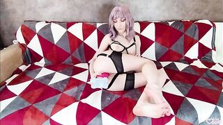 A small sexy girl plays with a dildo and makes a mess on her panties