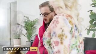 A hot MILF is giving a young guy a lesson on kissing, courtesy of Brazzers