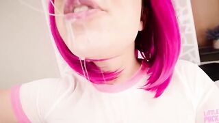 A pink-haired slut gets her face covered with cum multiple times