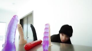 Fucking my ass and pussy with neighbor's dildos until I squirt