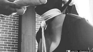 BDSM with a tied-up slave that gets a huge dildo in their mouth and stinky pussy - Sex Tape