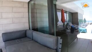 The blonde girl with socks in a swimming pool has sex with her boyfriend
