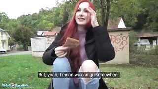Redhead Brit gets creampied after showing her pierced tits in public