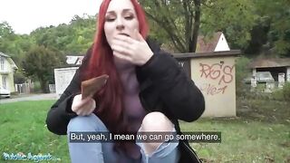 Redhead Brit gets creampied after showing her pierced tits in public