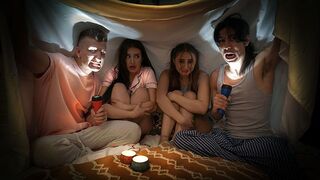 The guys told a scary story to Penelope and Aubrey, then they fucked