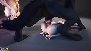 A couple of appetizing girls are having fun with a werewolf