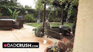 Fit stepdaughter lets pervert dad finger her pussy by the pool