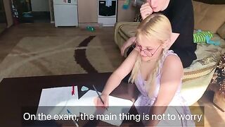 The shy student couldn’t resist the tutor and took him in her mouth