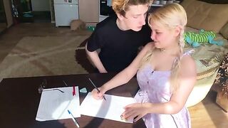 The shy student couldn’t resist the tutor and took him in her mouth