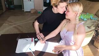 The shy student couldn’t resist the tutor and took him in her mouth