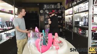 Trickster led a mature neighbor, addicted to dildos, from the sex shop to the dad's bedroom