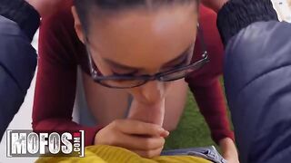 Hot chick lets nerd study her tits and ass for cash