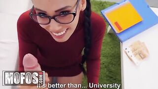 Hot chick lets nerd study her tits and ass for cash