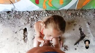 A cute blonde is fucking with a guy in an abandoned building, no condom