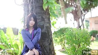 A solo masturbation session with Asian girl in the garden, using a dildo and vibrator