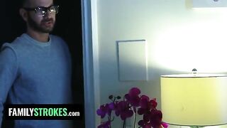 The stepdaughter, in a sexy red dress, pleased her stepdad while her stepmom was in the same room