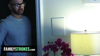 The stepdaughter, in a sexy red dress, pleased her stepdad while her stepmom was in the same room