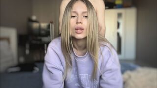 The cute girl shows her body and helps her boyfriend cum