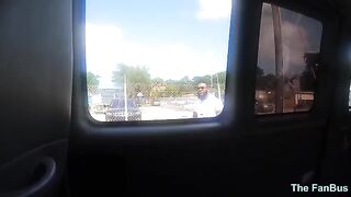 Queen Rogue rides big black cock on the fan bus