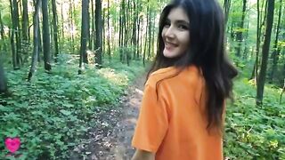 A hungry girl met a guy in the forest and got her pussy filled with cum