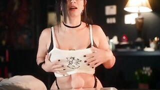 Goth slut in glasses rides huge toy, showcasing her juicy ass