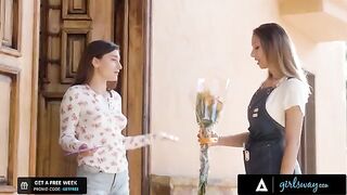 The florist is too eager to get close to her customer