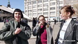 A hot lesbian threesome with four sexy babes, including two with big natural tits