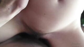 A cute nerdy girl gave a blowjob and got her pussy painted with cum on vacation