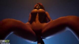 Big-boobed girl pleasuring two monsters in a wild 3D scene