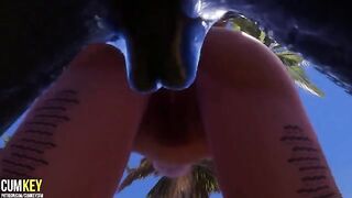 Two sexy girls are fucking with a big cock monster in 3D porn