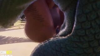Two sexy girls are fucking with a big cock monster in 3D porn
