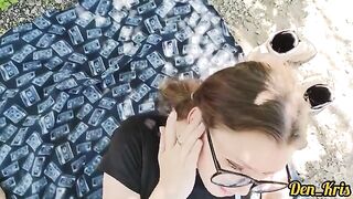 A cute girl with a pretty face gets a lot of hot sperm on her hair