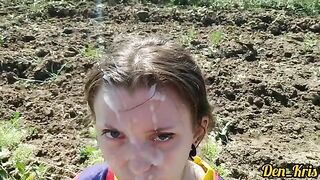 A cute girl with a pretty face gets a lot of hot sperm on her hair