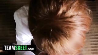 Redhead housekeeper Abbey Rain gets dominated and fucked on her knees