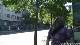 Freckles old lady with big boobs rides a young man’s dick