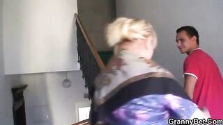 Freckles old lady with big boobs rides a young man’s dick