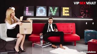 Petite brunette Claudia Bavel learns to enjoy a threesome on camera