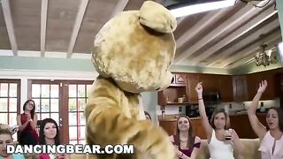 A group of girls are having a wild party with some guys